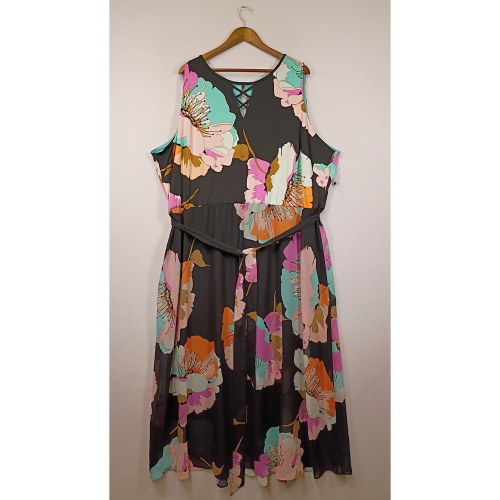 Floral Garden Lane Bryant Womens 28 Black Pink Teal Lace Back Maxi Dress